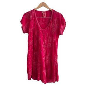 Johnny Was Embroidered Lace Butterfly Eyelet Short Sleeve Tunic
